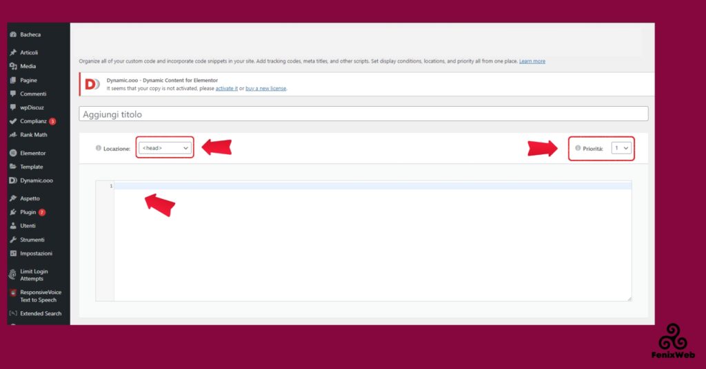 Aggiungi Codice personalizzato Elementor
