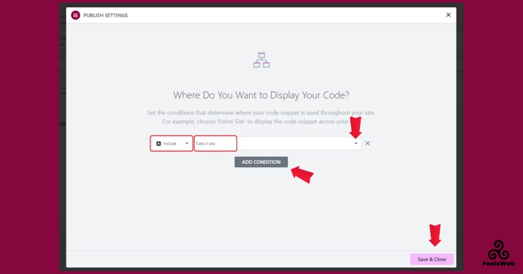 Condizioni visualizzazione Codice personalizzato Elementor