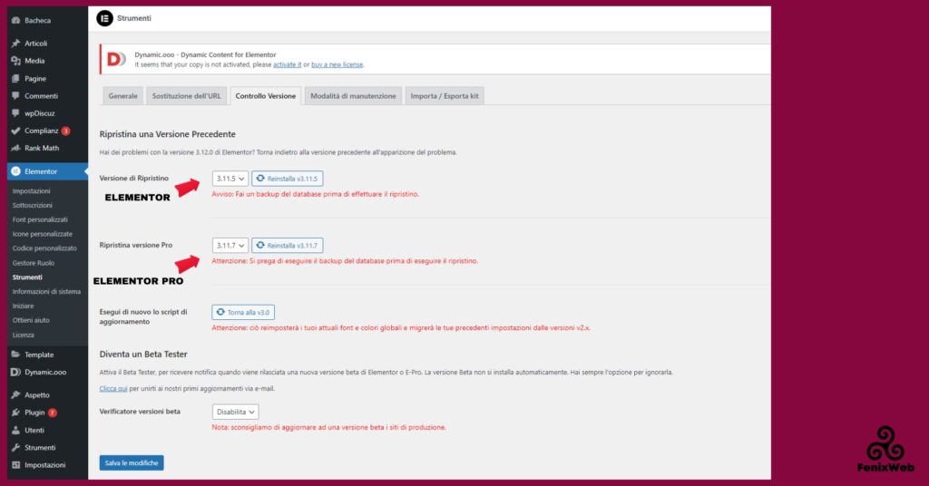 Ripristina versione precedente plugin elementor
